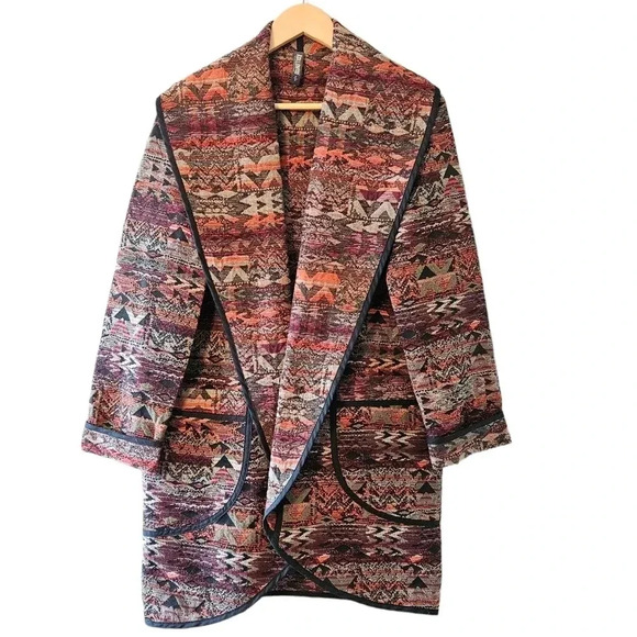 Kollontai Aztec Open Front Bohemian Hippie Casual Fall Cardigan Size Small. - Picture 1 of 16
